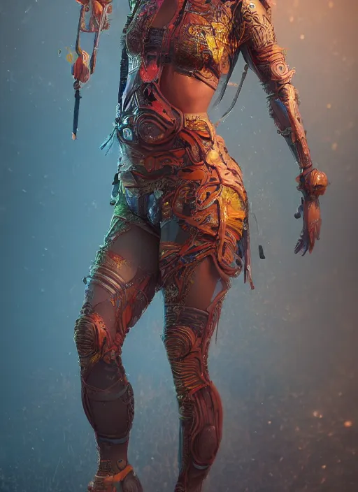 Image similar to detailed full body concept art illustration colorful oil painting of a beautiful 3d render of a female huntress in full intricate clothing, ultra detailed, digital art, octane render, 4K, dystopian, micro details, hyper realistic