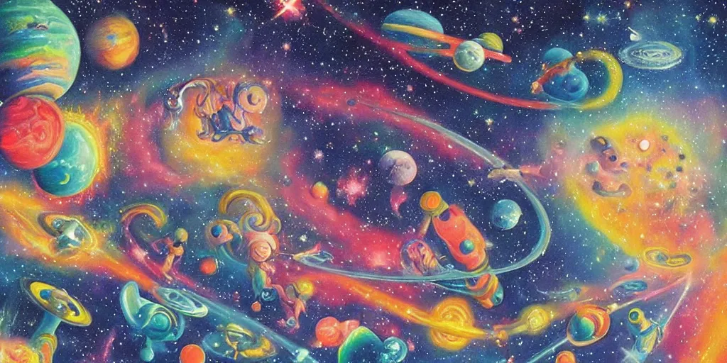 Image similar to a beautiful painting of an elaborate space scene painted by bosch and lisa frank, detailed