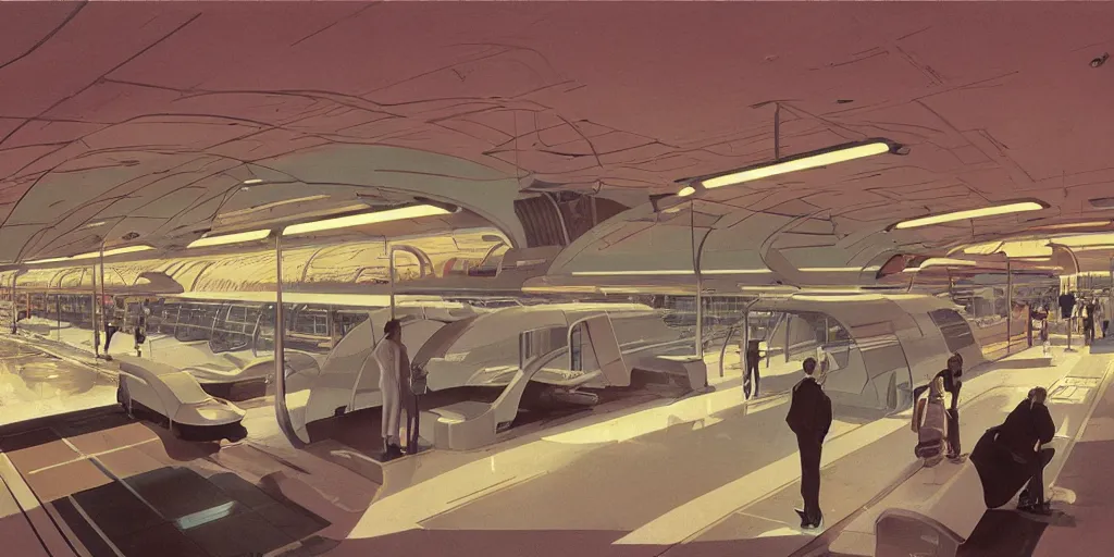 Image similar to retrofuturistic train station by syd mead and ron cobb