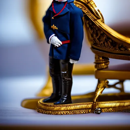 Prompt: closeup portrait of a tiny emmanuel macron dressed as napoleon standing on a desk, macro photo, bokeh, natural light, sharp, detailed face, magazine, press, steve mccurry, david lazar, canon, nikon, focus