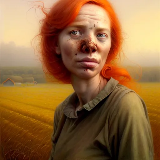 Prompt: full body portrait of a female farmer, untidy orange hair, highly detailed, dirty face, next to a red barn, digital painting, artstation, concept art, soft focus, depth of field, artgerm, tomasz alen kopera, peter mohrbacher, donato giancola, joseph christian leyendecker, wlop, boris vallejo