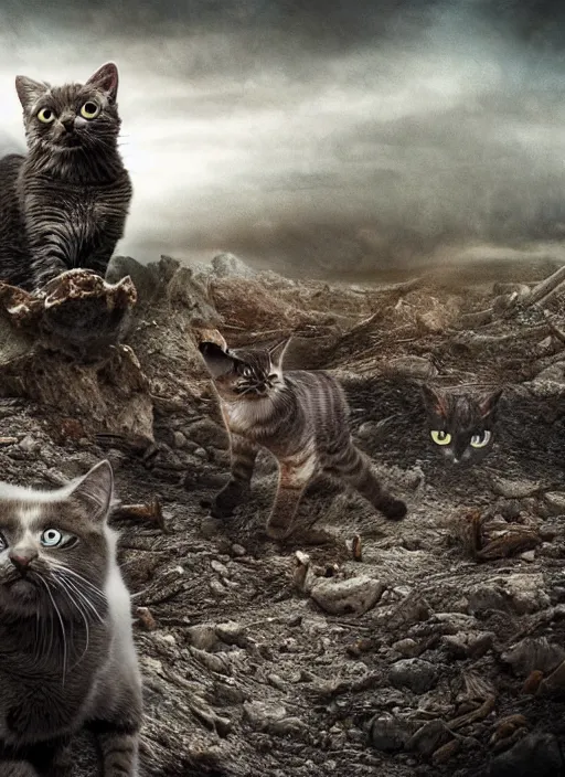 Prompt: cats in a post apocalyptic landscape looking for food