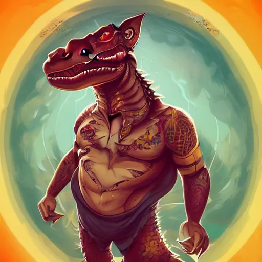 Image similar to in the style of artgerm, loish, ross tran and elysecastro, cartoon anthropomorphic alligator, symmetrical face, symmetrical eyes, red scales on his back, yellow scale on his belly and chest, male, waring a hawaiian shirt, cgsociety