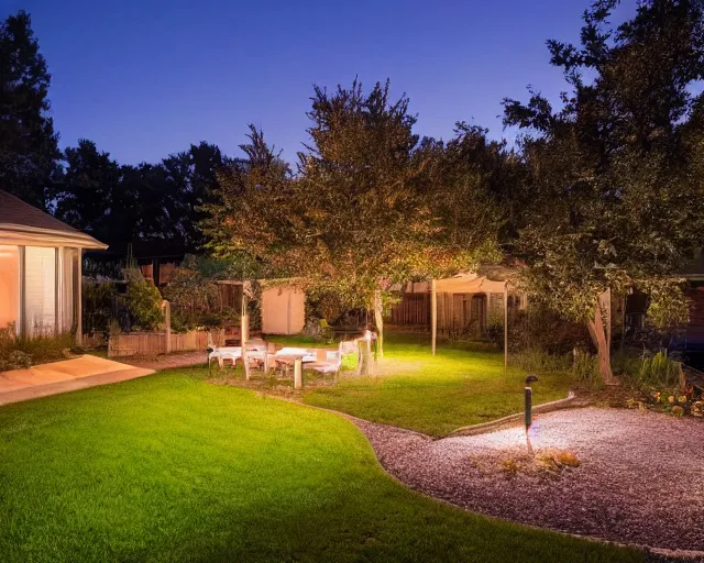 Prompt: a still photo of a backyard, with grass at night, house on the left side, warm lighting