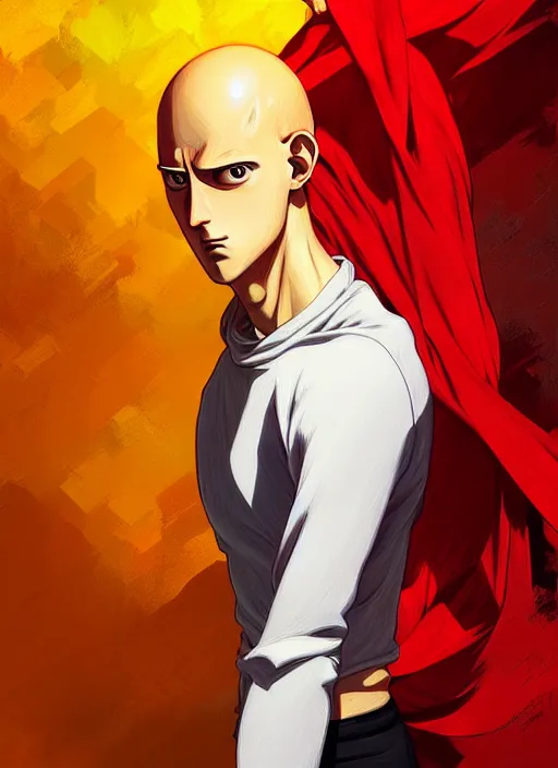 Image similar to handsome saitama, half body shot, path traced, red and yellow, cape, highly detailed, high quality, digital painting, alena aenami, lilia alvarado, shinji aramaki, karol bak, alphonse mucha, tom bagshaw