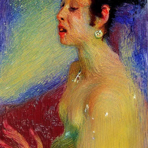 Prompt: a woman disintegrating into small particles of love, behancehd, impressionism