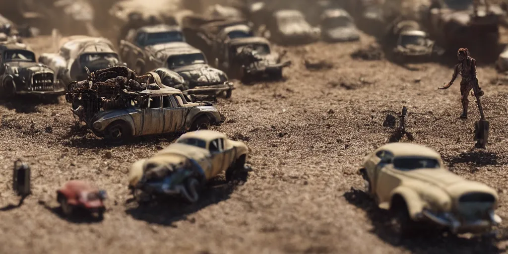 Image similar to needle felt of immortan joe and cars from fury road ( 2 0 1 5 ), tilt shift, action shot, detailed textures, action, dramatic light, god rays