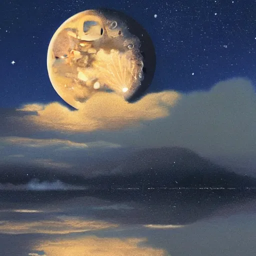 Prompt: a beautiful matte painting of the moon, by bob ross and thomas kinkade