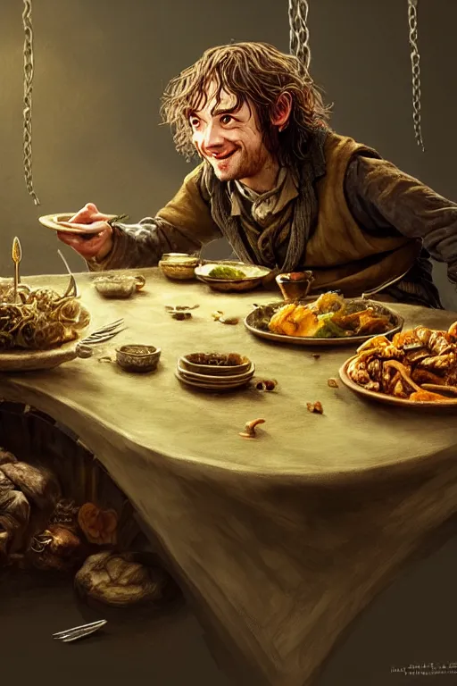 Image similar to dirty faced and very happy looking hobbit looking the table full of food, fantasy, intricate, elegant, highly detailed, digital painting, artstation, concept art, addiction, chains, smooth, sharp focus, illustration, art by Ilja Repin