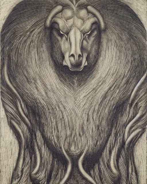 Image similar to a creature with the body and eyes of a man, with the beak of an eagle, the mane of a lion, and the horns of an ox by jean delville