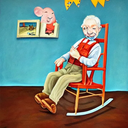 Image similar to a painting of grandpa rat wearing overalls on a rocking chair, telling stories, cute and wonderful vivid painting