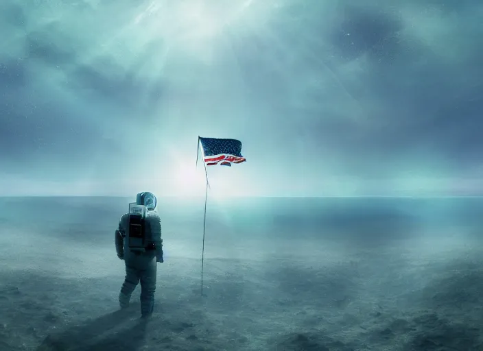 Image similar to astronaut holding a flag in an underwater desert. a submarine is visible in the distance. dark, concept art, cinematic, dramatic, atmospheric, 8 k, trending on artstation, blue, fish, low visibility, light rays, extremely coherent, bubbles, fog, ocean floor, christopher nolan, interstellar