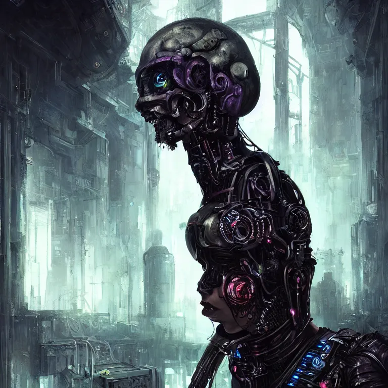 Image similar to cybernetic priestess, cyberpunk, gothic, fantasy, science fiction, character concept art, painting, hyperdetailed, realistic, creepy, atmospheric, cinematic, kinemacolor