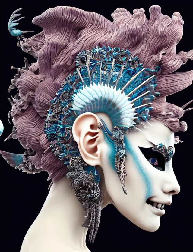 Image similar to 3 d goddess close - up profile simple portrait punk with mohawk with ram skull. beautiful intricately detailed japanese crow kitsune mask and clasical japanese kimono. betta fish, jellyfish phoenix, bio luminescent, plasma, ice, water, wind, creature, artwork by tooth wu and wlop and beeple and greg rutkowski