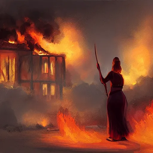 Prompt: a woman holding a spear watching a house on fire, digital art, oil on canvas, trending on Artstation, award-winning