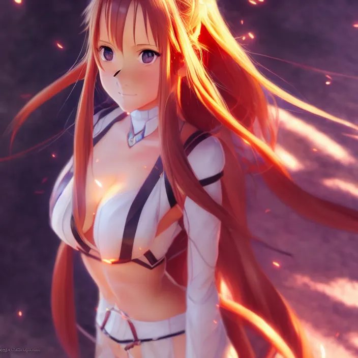 Image similar to very beautifu photo of asuna from sao, asuna by a - 1 pictures, by greg rutkowski, gil elvgren, enoch bolles, glossy skin, pearlescent, anime, maxim magazine, very coherent, mega detailed, 3 d render