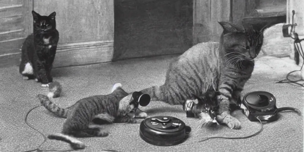 Prompt: stunning old black and white photo of very serious cats have absolutely no idea how to use old rotary telephones and decide to knock them over in frustration, very funny and ironic, humor, film grain 1903