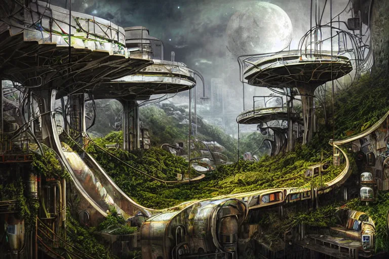 Prompt: sci - fi favela sculpture, art nouveau jungle environment, industrial factory, cliffs, gloomy, milky way, award winning art, epic dreamlike fantasy landscape, ultra realistic,