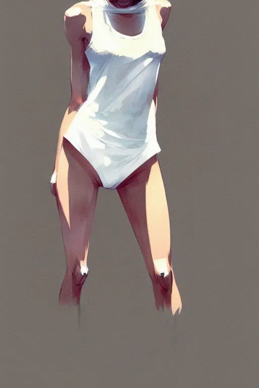 Image similar to a ultradetailed full body portrait of a woman dressed in a white tank top, by conrad roset, greg rutkowski and makoto shinkai trending on artstation