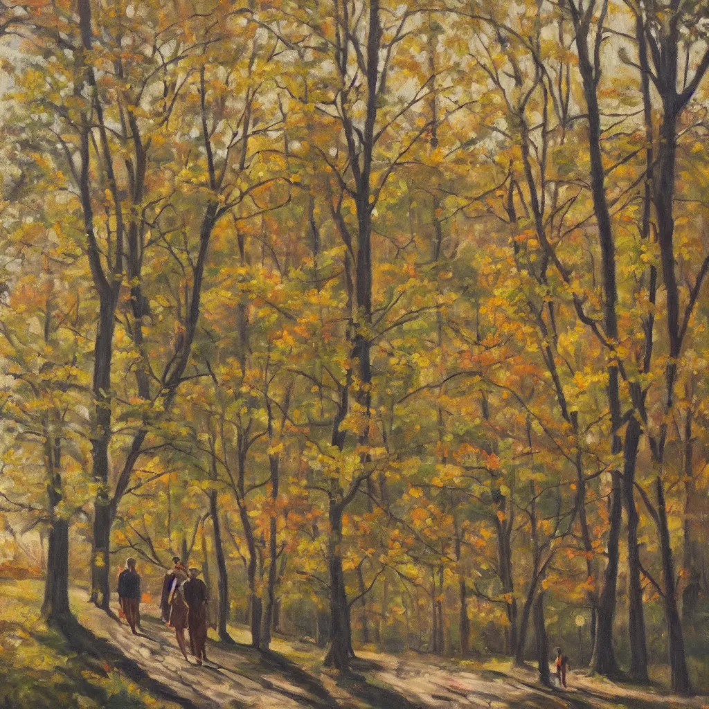 Prompt: 1 9 4 0 s american realist oil painting of walking together in the late afternoon light of gatineau park in october