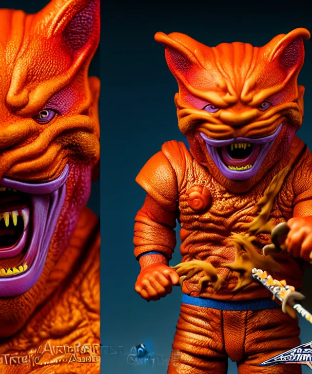 Image similar to hyperrealistic rendering, thundercat, by art of skinner and richard corben and jeff easley, product photography, action figure, sofubi, studio lighting, colored gels