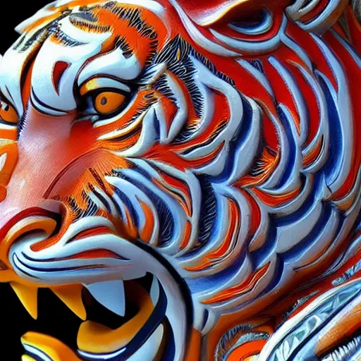 Prompt: breathtakingly cool beautiful stylised balinese carving ornate coloured sculpture tiger, extreme closeup, 8 k artstation