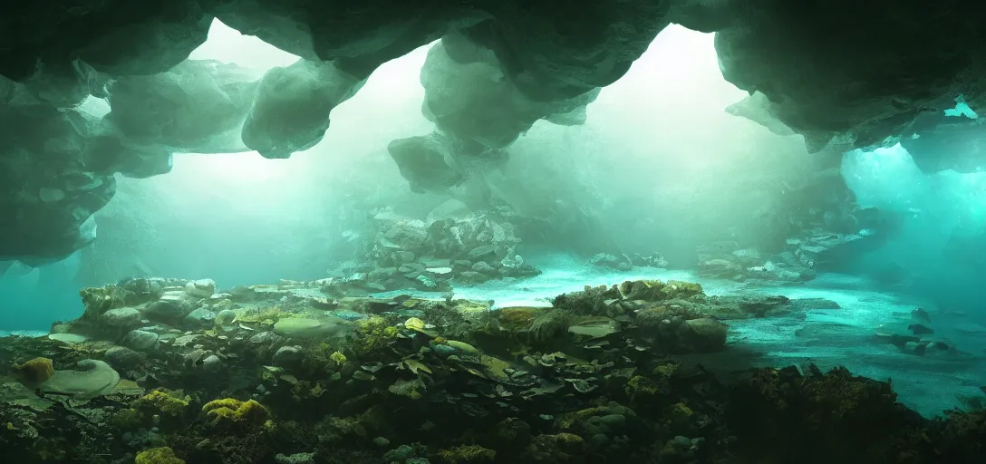 Image similar to beautiful view of an underwater cavern, glowing water with caustics, dark atmosphere, dappled light, reflections, bubbles, refraction, symmetry, cinematic lighting, ultra detailed, sharp, ambient occlusion, bloom, raytracing, by dylan cole, sebastian meyer and jordan grimmer