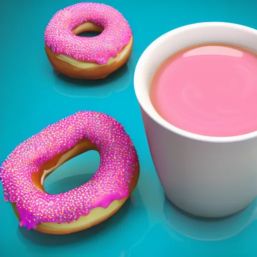 Prompt: pink coffee cup full of donuts, blue pig sitting in chair, ultra realistic, 8 k