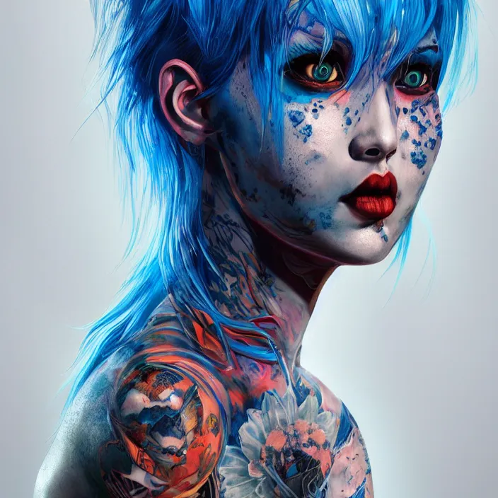 Image similar to portrait of alternative model with tattoos and blue hair. intricate abstract. intricate artwork. by Tooth Wu, wlop, beeple, dan mumford. octane render, trending on artstation, greg rutkowski very coherent symmetrical artwork. cinematic, hyper realism, high detail, octane render, 8k, iridescent accents