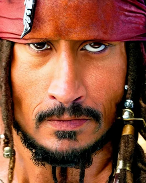 Image similar to Film still close-up shot of Dwayne Johnson as Captain Jack Sparrow from the movie Pirates of the Caribbean. Photographic, photography