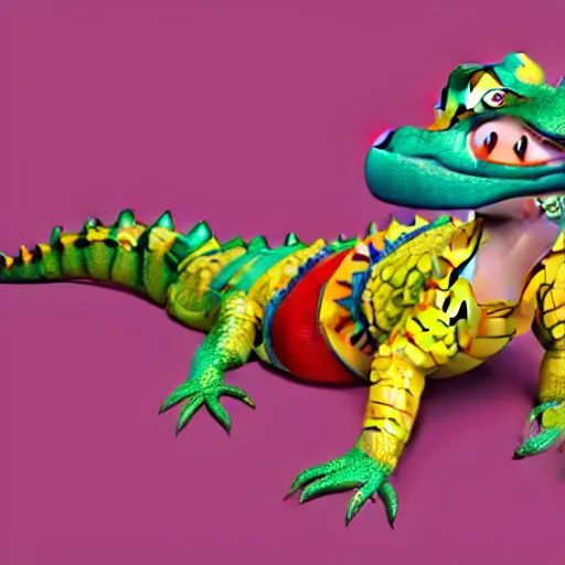 Prompt: in the style of artgerm and disney, 3 d render, anthropomorphic alligator, red scales on his back, yellow scale on his belly and chest, male, waring a hawaiian shirt, in the style of zootopia, hd, 4 k, high definition background