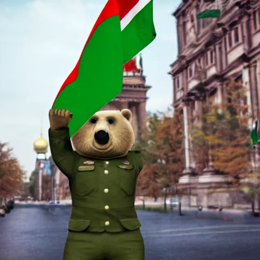 Prompt: a portrait of a socialist bear in a green military uniform with a hat, waving a red flag in Berlin, 4K realistic, hyper detailed, cinematic lighting, wow factor, award winning photo