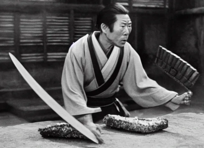 Image similar to a movie still of a samurai slicing through a loaf of bread by Akira Kurosawa