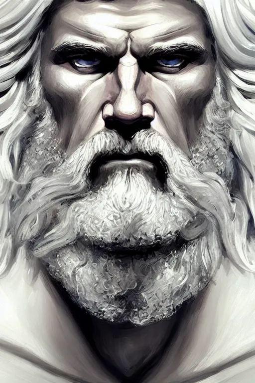 Prompt: painted portrait of rugged zeus, god of thunder, greek god, white hair, masculine, powerful, handsome, opulent, upper body, white robe, muscular, hairy torso, fantasy, intricate, elegant, highly detailed, digital painting, artstation, concept art, smooth, sharp focus, illustration, art by craig mullins and magali villeneuve