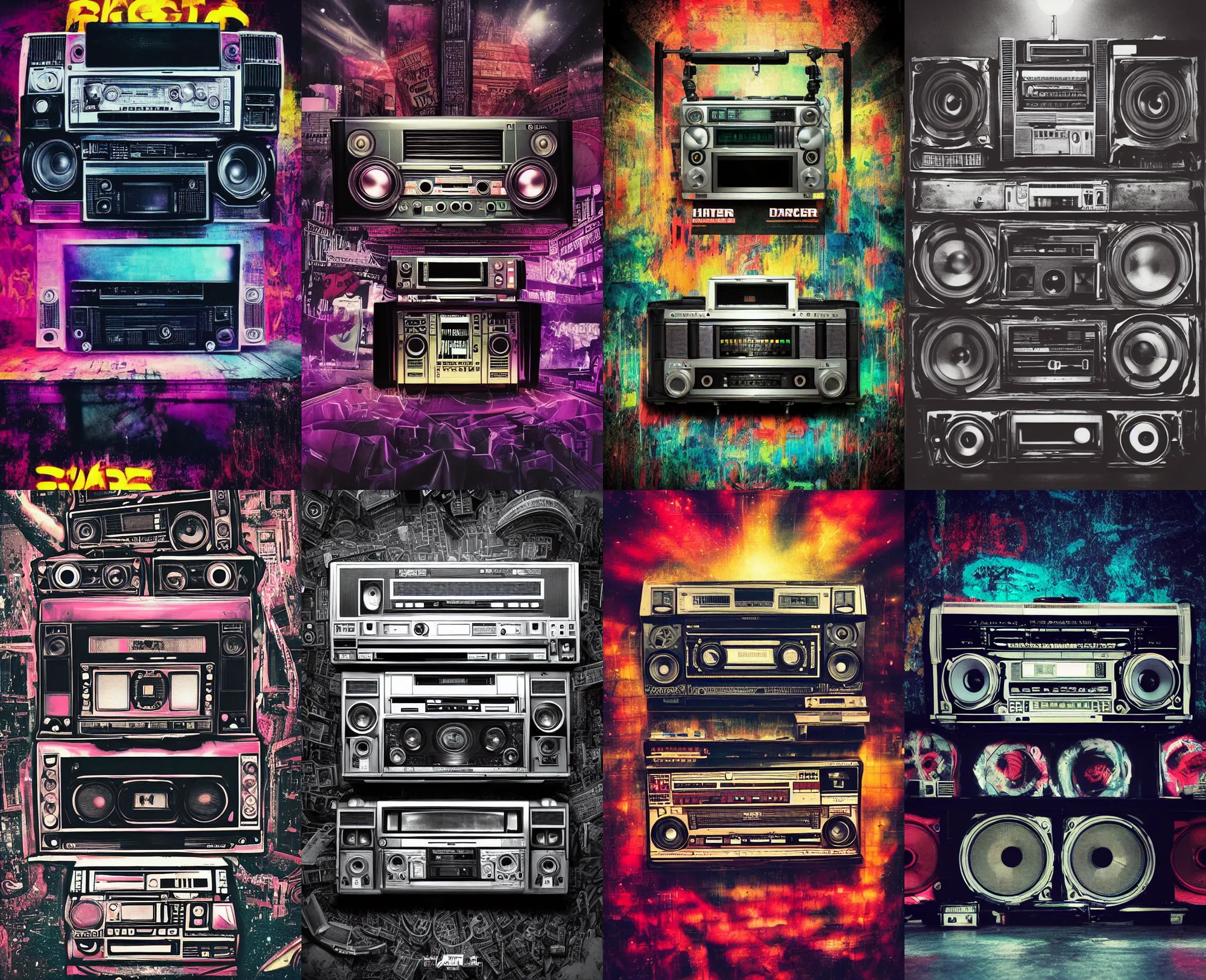 Prompt: big ghetto blaster, many speakers, loud, 8 8 s, raper artist, dark, night lights, massive, huge, ultra detailed, iconic, epic cover, chromatic color, photo realistic, cinematic, film color, rave poster