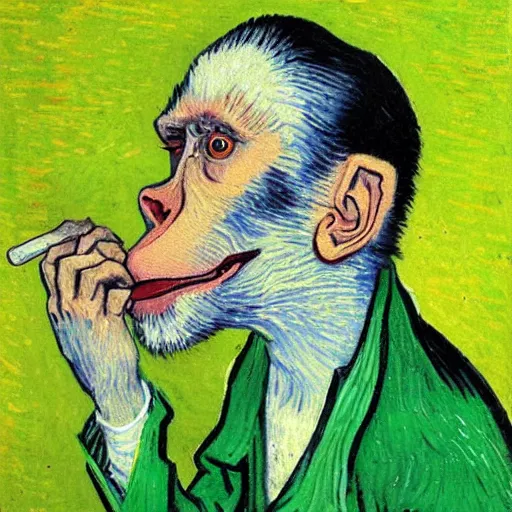 Image similar to rhesus monkey in a lab coat, smoking a cigar, in a green field, van gogh style painting