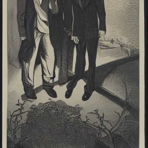 Prompt: two young men, one man human, one man vampire, night, on a birdge, in the style of onc piece