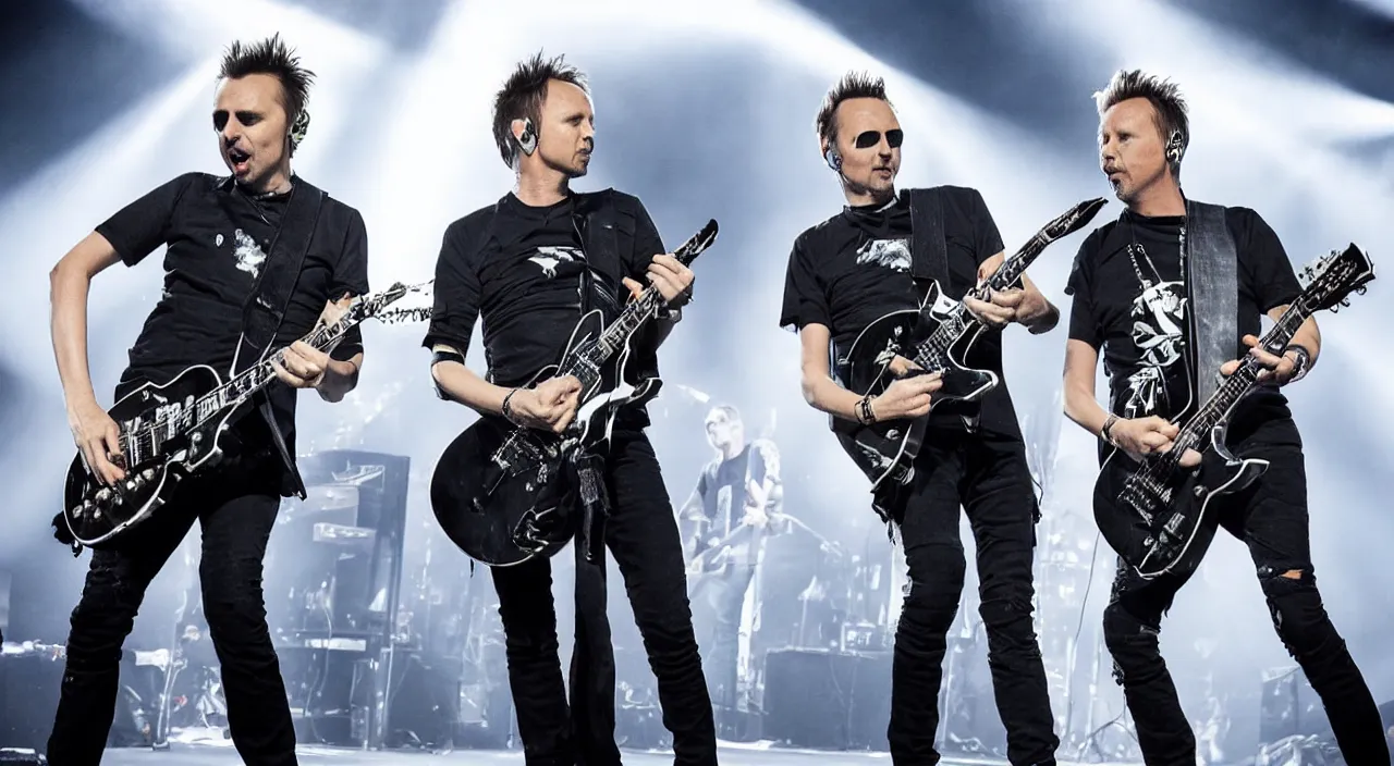 Image similar to matt bellamy from muse and james hetfield from mettalica playing on stage together, 2 0 1 5 live music video