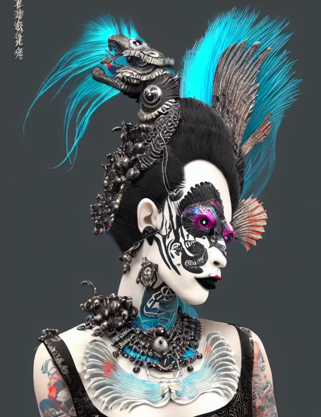 Image similar to 3 d goddess close - up profile portrait punk with mohawk with ram skull. beautiful intricately detailed japanese crow kitsune mask and clasical japanese kimono. betta fish, jellyfish phoenix, bio luminescent, plasma, ice, water, wind, creature, artwork by tooth wu and wlop and beeple and greg rutkowski