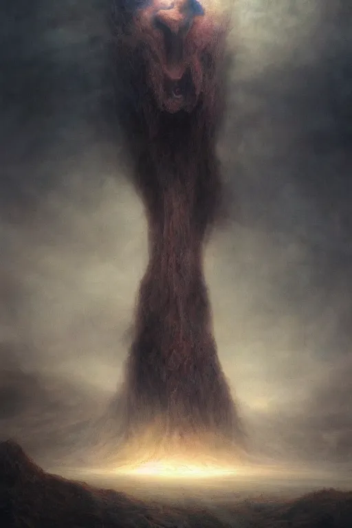 Image similar to a tall terrifying humanoid beast looming over a tiny human in a surreal landscape at dusk, dark fantasy, artstation, cinematic, epic lighting, agostino arrivabene