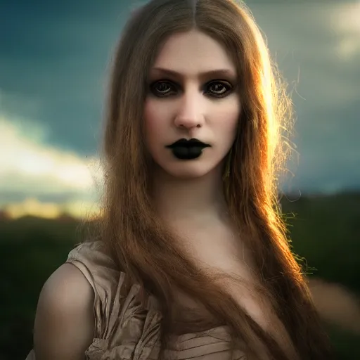 Image similar to photographic portrait of a stunningly beautiful gothic female in soft dreamy light at sunset, by edward robert hughes, annie leibovitz and steve mccurry, david lazar, jimmy nelsson, breathtaking, 8 k resolution, extremely detailed, beautiful, establishing shot, artistic, hyperrealistic, beautiful face, octane render