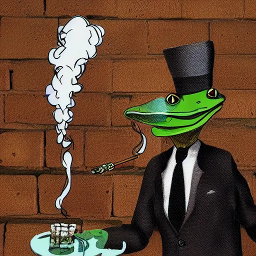 Image similar to a frog 🐸 wearing a suit smoking a cigar