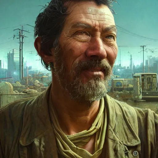 Image similar to A solarpunk very detailed farmer with highly detailed face on the street of a very highly detailed solarpunk city art by Greg Rutkowski, neofuturistic highly detailed, digital concept art, Dimensional cyan gold natural light, sharp focus, Golden Ratio illustration, realistic concept art by Stephen Hickman and James Gurney and Hiromasa Ogura Ghost in the Shell rendered in Octane Render