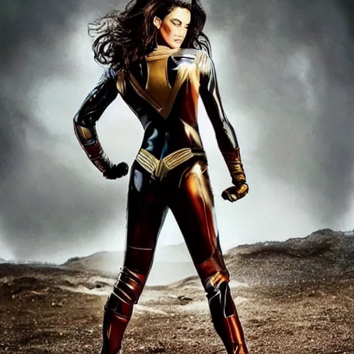 Image similar to photograph of Megan Gale as a super hero, highly detailed, photographed by Annie Leibovitz .