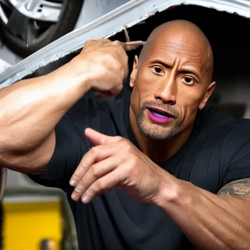 Image similar to Dwayne Johnson as an auto mechanic repairing a car in the garage