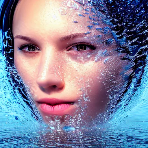 Image similar to water artwork manipulation in the shape of a beautiful female head, on the ocean water, ray tracing, realistic water sharp focus, long shot, 8 k resolution, cinematic, amazing water art, hyper realistic