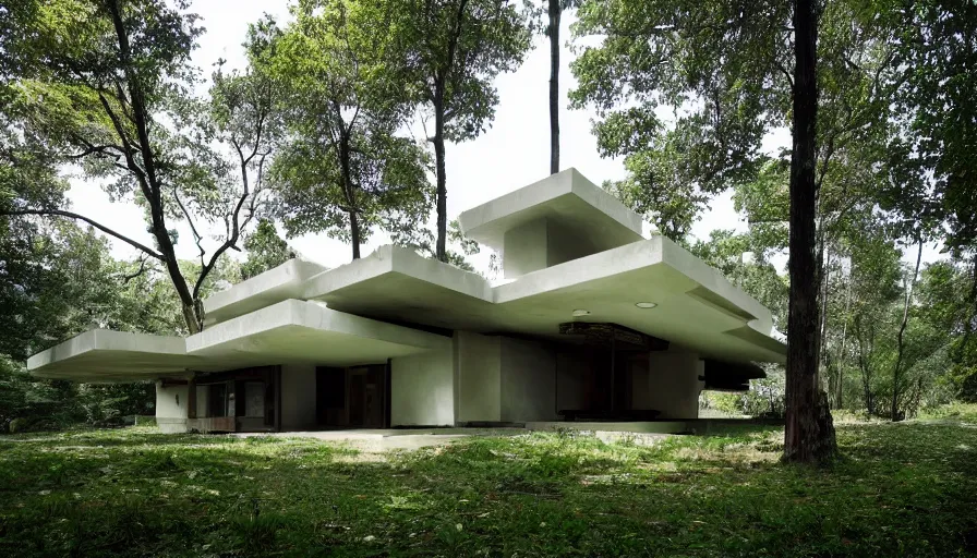 Prompt: modern temple house inspired by tibetan architecture, on a green hill between trees, frank lloyd wright, artstation