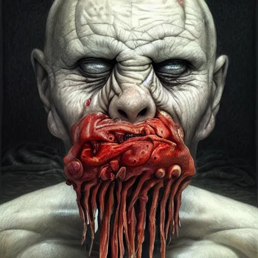 Prompt: a hyperrealistic brightly colored painting of a psychedelic nightmare, flesh, slime, by anton semenov and santiago caruso, highly detailed, vivid color,