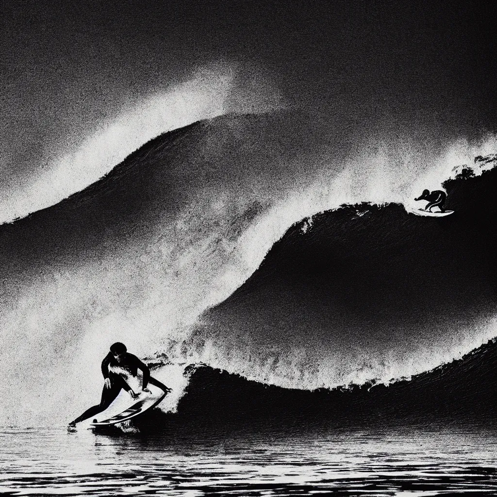 Image similar to surfing wave, mads berg, karolis strautniekas, film noir, stippled light, dramatic lighting, editorial illustration, detailed, fine texture, matte print, art deco, brutalism, dark blue + dark orange, red, black, ( ( habitat 6 7 background ) )