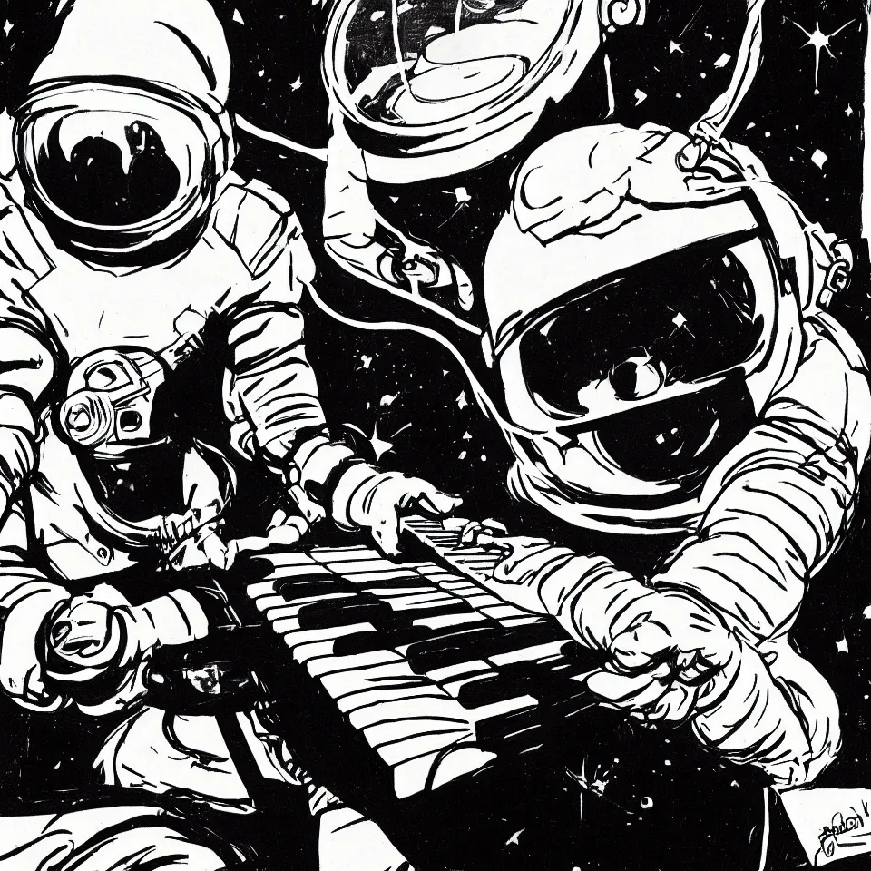 Image similar to an astronaut helmet playing a keyboard by jack kirby, dynamic lighting, cinematic, epic composition, masterpiece